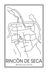 Hand drawn printable downtown road map poster of district RINCÓN DE SECA of the Spanish city of MURCIA on solid white background with city name