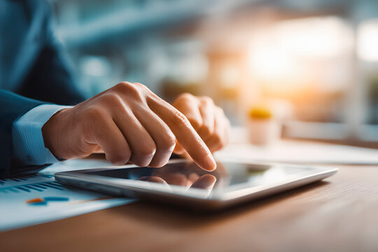 Close-up of male hands touching digital tablet next to financial charts, businessman working at office desk. Copy space