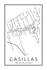 Hand drawn printable downtown road map poster of district CASILLAS of the Spanish city of MURCIA on solid white background with city name