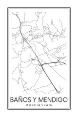 Hand drawn printable downtown road map poster of district BAÑOS Y MENDIGO of the Spanish city of MURCIA on solid white background with city name