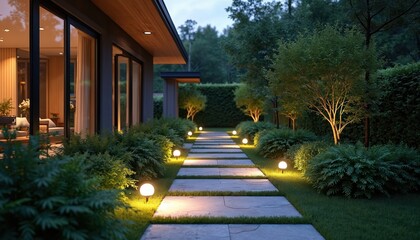 Obraz premium Modern house exterior with garden pathway, illuminated by spotlights at twilight. Rich plants surrounds paved walkway leading to building. Elegant design, cozy atmosphere, peaceful, luxury residence.