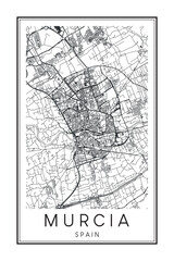 Hand drawn printable downtown road map poster of the Spanish city of MURCIA on solid white background with city name