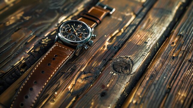 A brown leather watch strap rests on a weathered wooden surface.