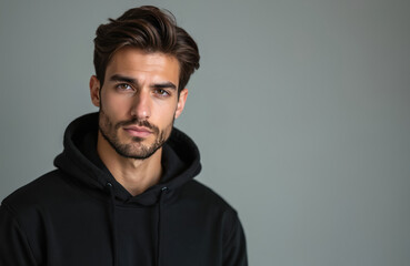 Obraz premium Young male model wears black hoodie. Serious expression face, neutral grey background. Portrait studio photo perfect for casual wear, fashion. Contemporary lifestyle, youth, individuality. Minimalist
