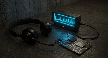 Closeup of computer setup with blue digital display