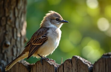 Detailed profile shot fluffy mockingbird bird. Natural blurred green background, perched wooden fence. Ornithology, wildlife, birdwatching hobby. Perfect for nature content, eco blogs, articles about