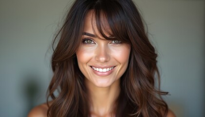 Naklejka premium Smiling woman with brown hair. Brunette with face-framing highlights, warm tones. Soft and natural hairstyle. Happy, attractive, with bright eyes. Beauty portrait. Close-up of a beautiful face.