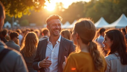 Charismatic leader at sunny outdoor event interacts with diverse crowd. Networking, community building, positive interactions. Summer sunshine, engagement, conversation, connection focus of image.