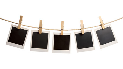 blank photo frames on rope isolated on transparent white background, clipping path