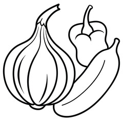 Onion bell pepper and cucumber line art isolated on white background