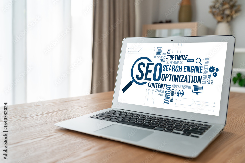Poster seo search engine optimization for modish e-commerce and online retail business showing on computer 