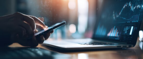 The smartphone and laptop displaying financial analysis in a modern workspace.