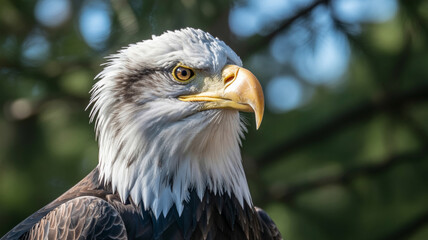 Obraz premium Majestic bald eagle perched among greenery, showcasing its striking features in natural habitat during sunny day