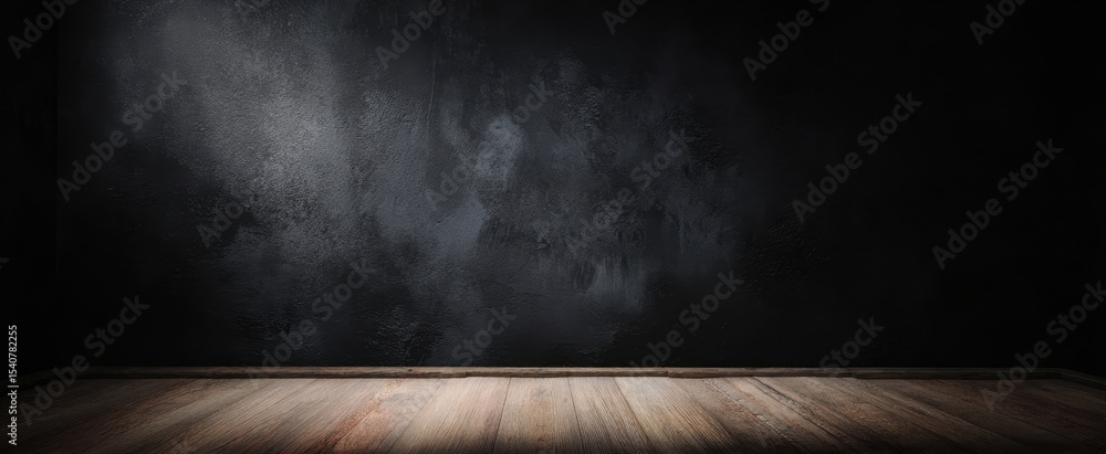 Poster the dark empty studio with wooden floor and textured backdrop.