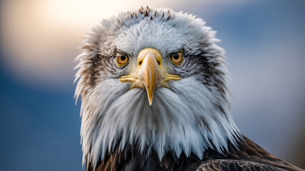 Majestic bald eagle perched against a serene backdrop at twilight, showcasing its fierce gaze and striking features