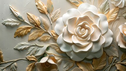 Elegant 3D Floral Wall Art: White Roses & Gold Leaves