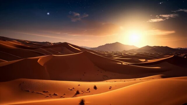 Immense sand dune landscape at dusk featuring stars in the sky and a distant mountain range and warm sunset colors