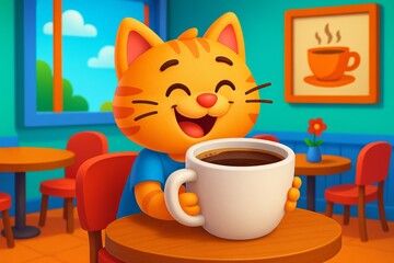 Cartoon cat enjoying coffee in cozy cafe with bright decor. concept of relaxation, joyful moment, cute animal illustration