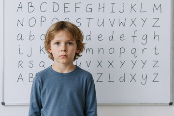 young boy standing in front of a whiteboard filled with handwritten letters, focusing on education and learning in a classroom environment