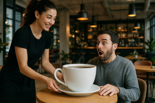 Surprised man receiving giant cup of hot coffee or hot chocolate from smiling waitress as playful joke at modern cafe. Concept of oversized drink, funny prank, cafe lifestyle, humor
