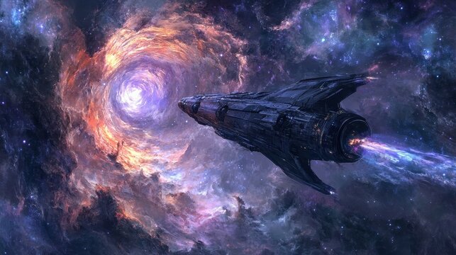 Dark Spaceship Navigating a Colorful Cosmic Vortex - Powered by Adobe