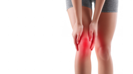 Close up view of female legs emphasizing a red, sore knee area, highlighting pain and discomfort. Image isolated on a transparent background, capturing the essence of injury and healthcare