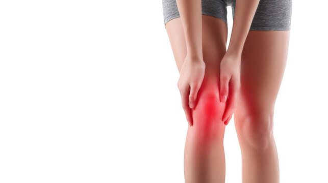 Close up view of female legs emphasizing a red, sore knee area, highlighting pain and discomfort. Image isolated on a transparent background, capturing the essence of injury and healthcare