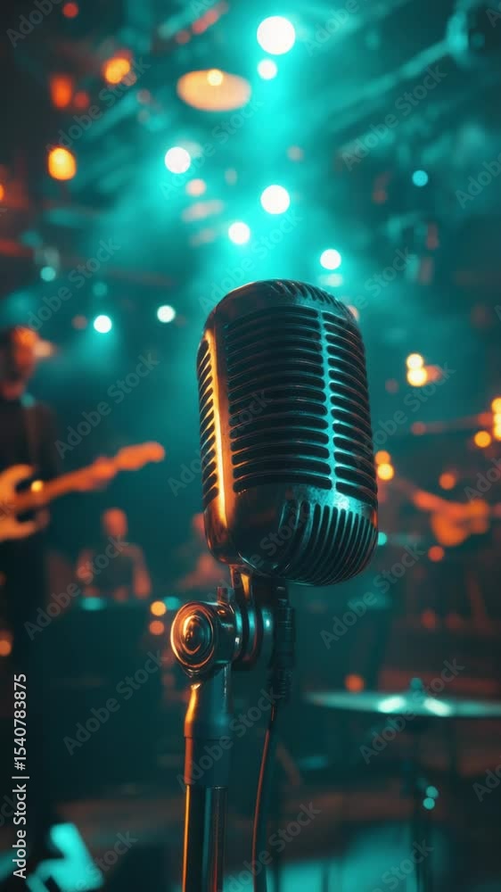Aufkleber a microphone on a stand in front of a stage, ready for use