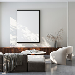 Frame mockup, ISO A paper size. Living room wall poster mockup. Interior mockup with house background. Modern interior design. 3D render
