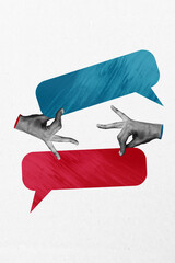 Exclusive image vertical photo collage of hands show communication icon speech conversation talk...
