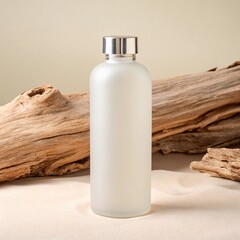 Frosted Glass Bottle with Silver Cap on Sand