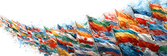 Colorful flags of various countries from around the world wave gently in the breeze, densely packed on a white background, creating a vibrant and patriotic display.