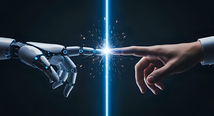 A robot hand and a human hand touching fingers with a bright light between them on dark background