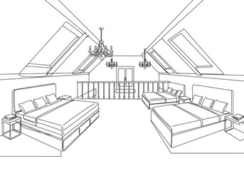 Fototapeta premium Line drawing of an attic bedroom with multiple beds, chandeliers, and skylights in a minimalist style