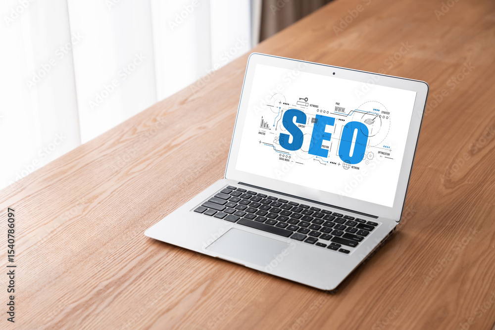 Poster seo search engine optimization for modish e-commerce and online retail business showing on computer 