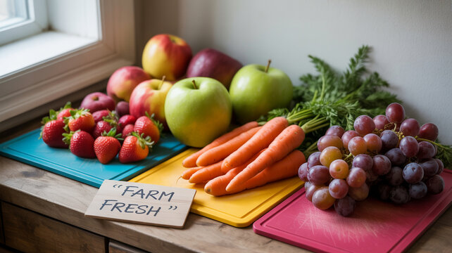 Fresh fruits and vegetables beautifully arranged on colorful cutting boards in a bright kitchen setting