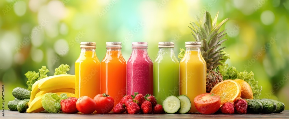 Poster the vibrant array of fresh juices and fruits in colorful bottles.