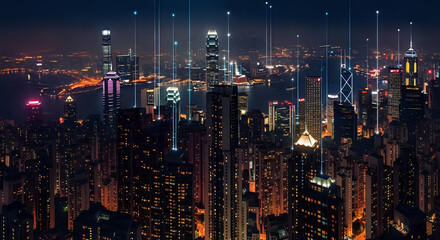 Obraz premium Cityscape at night with illuminated buildings and data connections in a modern urban environment