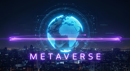 Glowing globe with metaverse text over a cityscape at night with purple light streaks around it