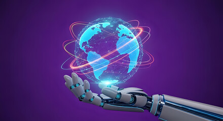 Robotic hand holding a glowing earth with digital connections on a purple gradient background