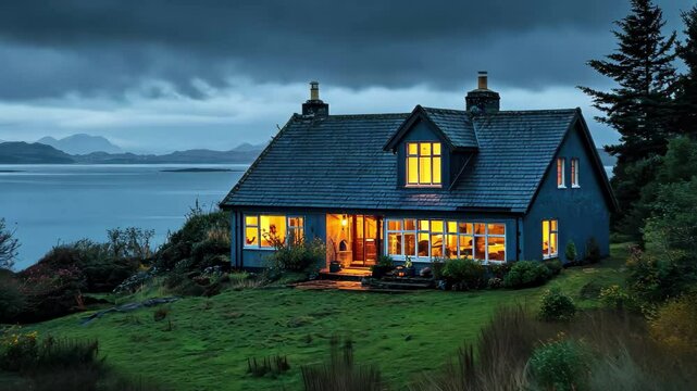 Elevated house illuminated at twilight overlooks tranquil water vista in scenic landscape, Elevated house illuminated at twilight overlooks scenic Sound of Mull Scotland