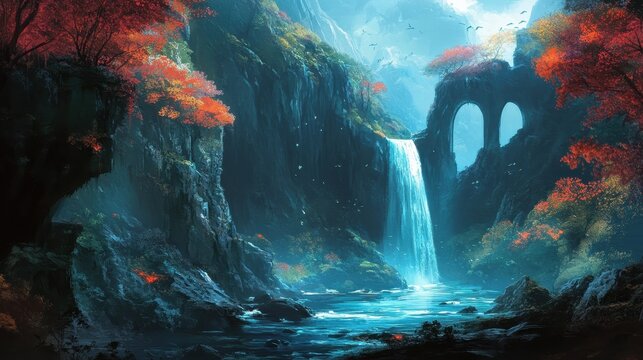 Enchanting Waterfall Gorge: Autumnal Fantasy Landscape