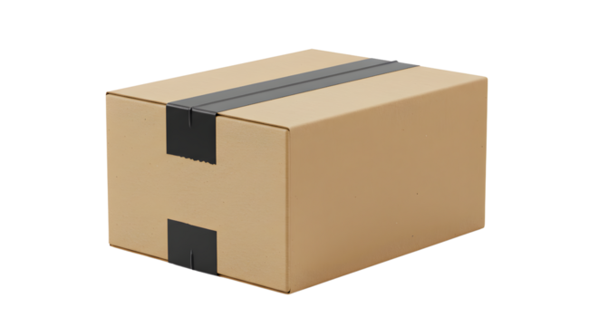 Brown Cardboard Box with Gray Tape on Transparent Background