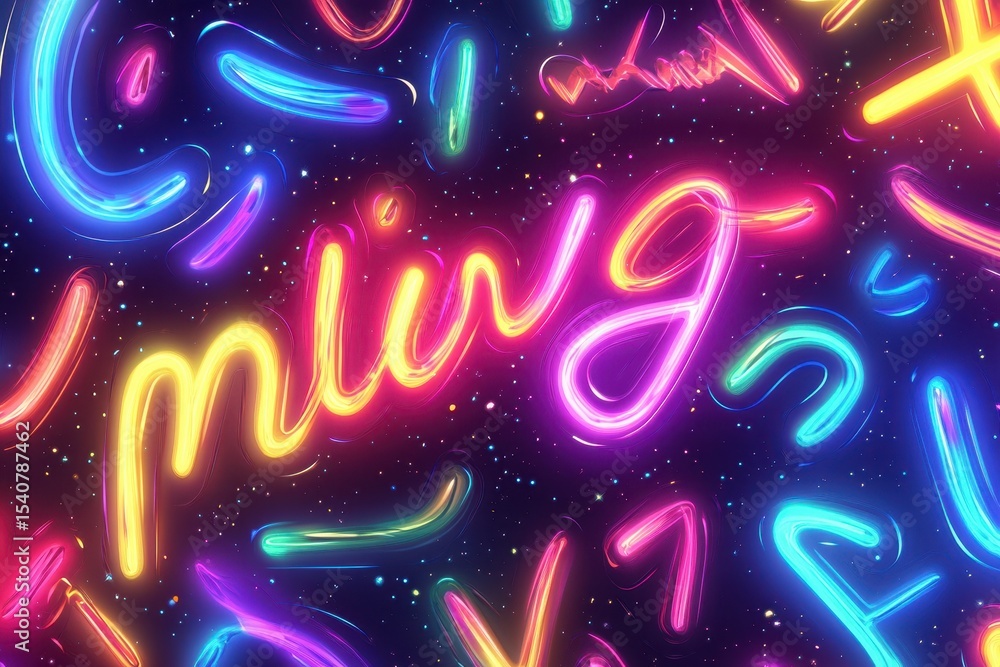 Poster Colorful neon lettering shines in a vibrant display of glowing light in an abstract background at night, start text with rainbow effect over glowing light trails and spots in seamless pattern