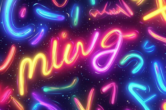 Colorful neon lettering shines in a vibrant display of glowing light in an abstract background at night, start text with rainbow effect over glowing light trails and spots in seamless pattern