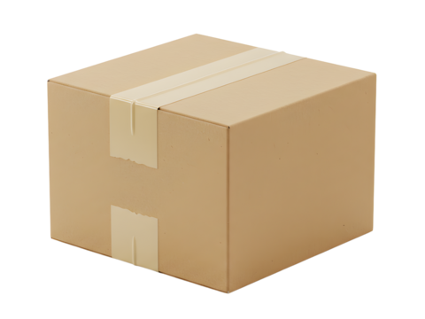 Brown Cardboard Shipping Box with Tape on Transparent Background