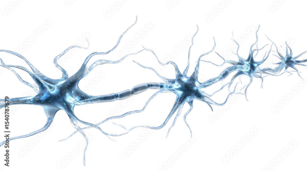 Poster glowing neurons transmitting signals through a complex neural network, forming connections and pathw