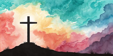 Watercolor Cross Silhouette Against Colorful Sky, Religion, Faith