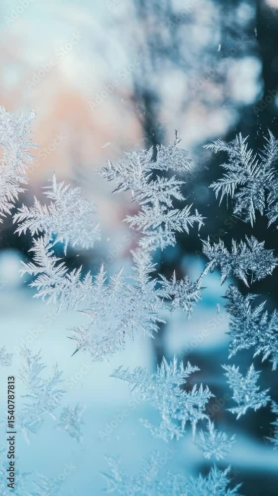 Poster A close-up shot of a frost-covered window with intricate ice patterns and frosty texture