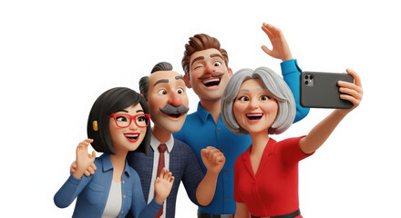 Group of cheerful friends taking a selfie against a plain background